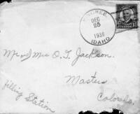 Card and envelope from Jim, "Did." and Jay Russell to Mr. and Mrs. O. T. Jackson, December 25, 1936