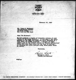 1947-02-27 Letter from William J. Holt to James A. Michener