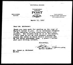1947-03-17 Letter from Martin Sommers to James A. Michener