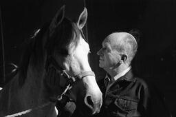 James A. Michener interacting with a horse, ca.1975