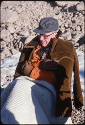 James A. Michener bundled for warmth, Grand Teton National Park, Wyoming, 1977