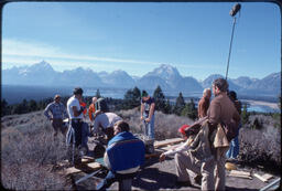 Centennial film crew preparing to shoot introduction featuring James Michener, Grand Teton National Park, Wyoming, 1977