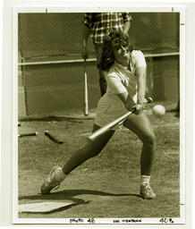 Women's softball action shot, University of Northern Colorado, ca. 1980s.