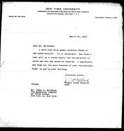 1947-03-21 Letter from Thomas Clark Pollock to James A. Michener