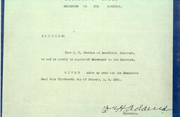 Photo of order appointing O.T. Jackson as Messenger to Colorado Governor William H. Adams, January 13, 1931