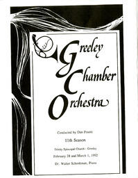 Program, Greeley Chamber Orchestra performances, February 28 & March 1, 1992 (front)