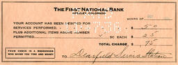 Bank check from the First National Bank of Greeley to the Dearfield Service Station, October 1936