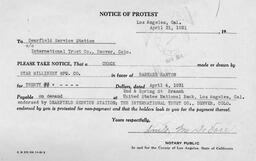 Notice of protest from United States National Bank to Dearfield Service Station, April 21, 1931