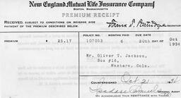 New England Mutual Life Insurance Company premium receipt to O. T. Jackson, October 21, 1934