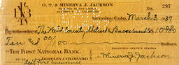 Check from Minerva J. Jackson to the Weld County Abstract & Investment Company, March 3, 1937