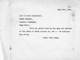 Letter from O. T. Jackson to Nebraska auto license department, July 8, 1933
