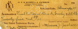 Check from Minerva J. Jackson to the First National Bank of Greeley, February 23, 1937