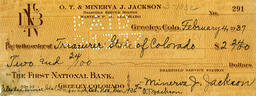 Check from Minerva J. Jackson to Treasurer of the State of Colorado, February 4, 1937