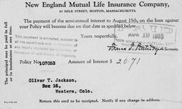 New England Mutual Life Insurance Company notice of payment to O. T. Jackson, August 19, 1933
