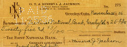 Check from Minerva J. Jackson to the First National Bank of Greeley, Colorado, November 25, 1936
