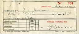 Received of receipt from Marcus Motors, Inc. to O. T. Jackson, September 28, 1933